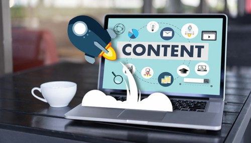 A laptop with CONTENT on its screen, flanked by digital icons like a globe, email, and magnifying glass. A cartoon rocket launches from the keyboard as a white coffee cup sits beside it on a dark table—a perfect setup for virtual professionals mastering content creation with Canva.