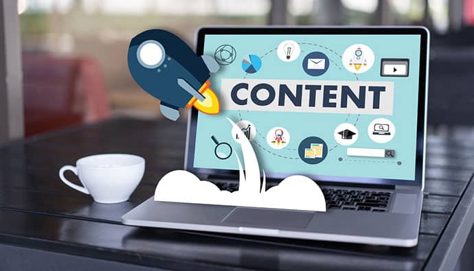 A laptop with CONTENT on its screen, flanked by digital icons like a globe, email, and magnifying glass. A cartoon rocket launches from the keyboard as a white coffee cup sits beside it on a dark table—a perfect setup for virtual professionals mastering content creation with Canva.