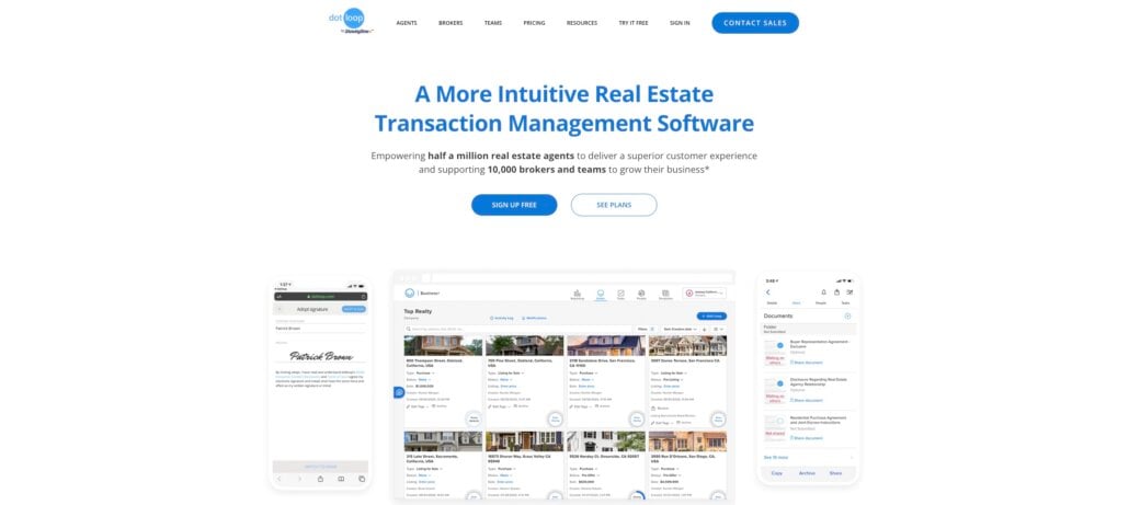 Screenshot of Dotloop’s homepage featuring a headline about intuitive real estate transaction management software, highlighting its Real Estate CRM benefits, sign-up buttons, and sample interface images displayed on a phone and computer screen.
