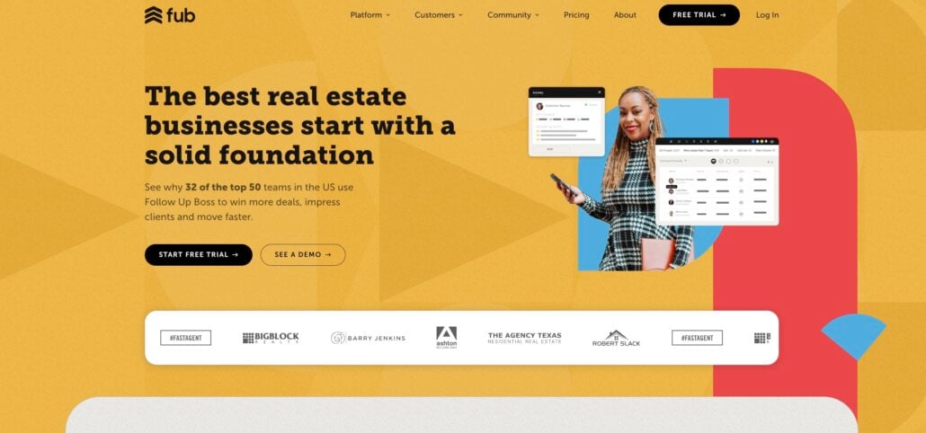 Screenshot of a Follow Up Boss website page showcasing Best Real Estate CRM, with a bold headline, a smiling woman holding a phone, demo interface images, call-to-action buttons, and real estate business logos on a yellow background.