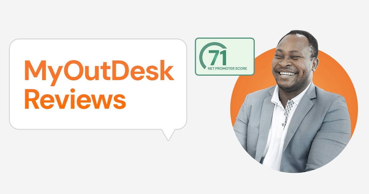 A man in a gray suit smiles, sitting before an orange circle. A speech bubble reads myoutdesk reviews, while a green badge displays a score of 71 and Net Promoter Score, highlighting positive myoutdesk virtual assistant reviews.