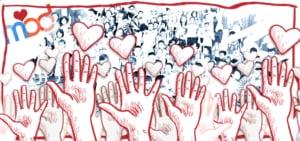 illustration of a set of hands reaching up for hearts myoutdesk logo