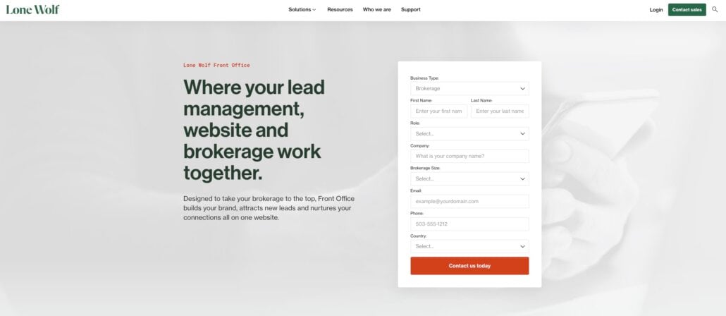 Screenshot of Lone Wolf Front Office website showcasing a headline about lead management, website, and brokerage integration. The contact form on the right highlights its position as one of the best Real Estate CRM solutions for 2025.
