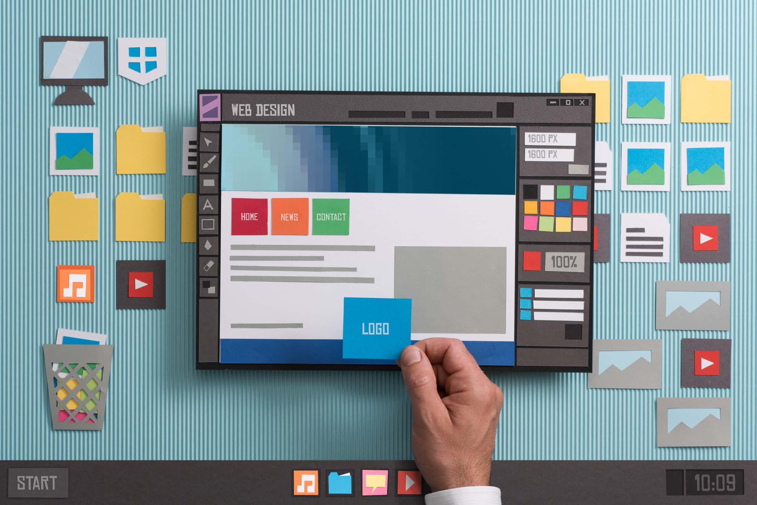 A person’s hand holds a digital tablet displaying a web design interface. The screen shows navigation buttons, a logo, and color palette tools. Explore an array of virtual assistant software tools amid colorful digital icons and folders on a striped surface in the background.