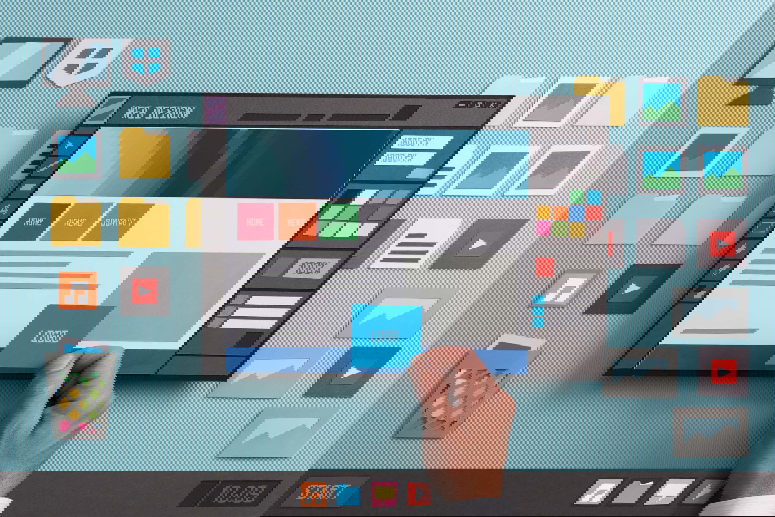 A person’s hand holds a digital tablet displaying a web design interface. The screen shows navigation buttons, a logo, and color palette tools. Explore an array of virtual assistant software tools amid colorful digital icons and folders on a striped surface in the background.