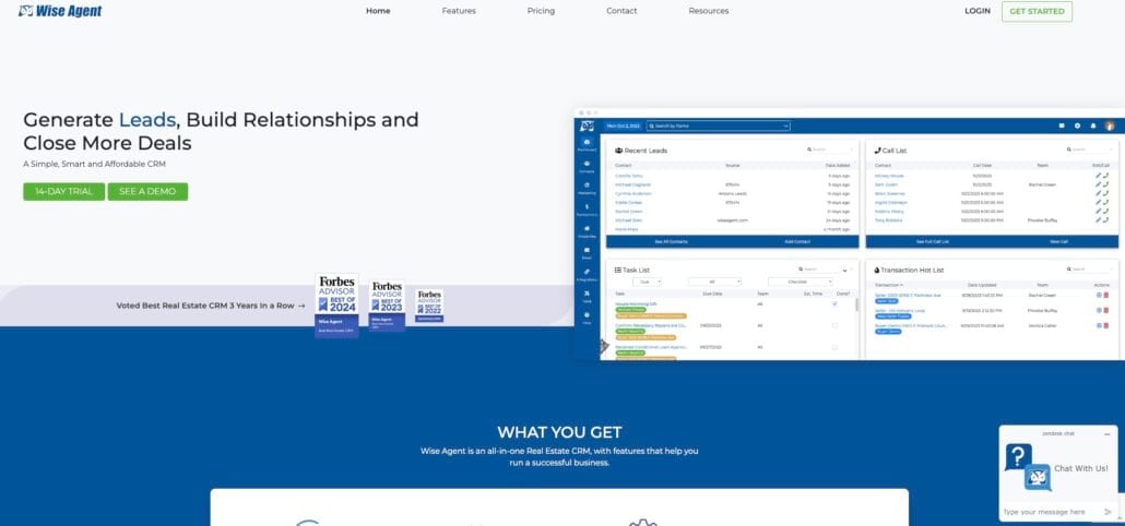 A website homepage for Wise Agent, a Best Real Estate CRM platform, showing navigation links, awards, and a screenshot of the dashboard with contact and task management features. The tagline reads: Generate Leads, Build Relationships and Close More Deals.