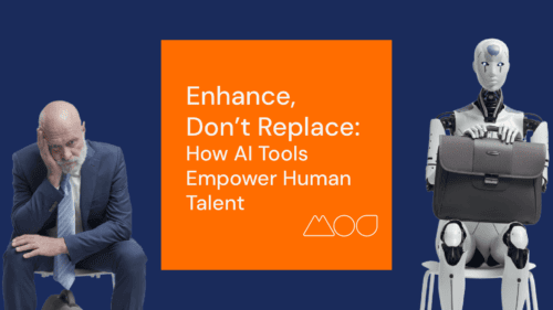 A man in a suit sits with his head resting on his hand, looking tired. Beside him, a humanoid robot equipped with AI tools for virtual assistants holds a briefcase, sitting upright. Between them, an orange rectangle reads, Enhance, Don’t Replace: How AI Tools Empower Human Talent.