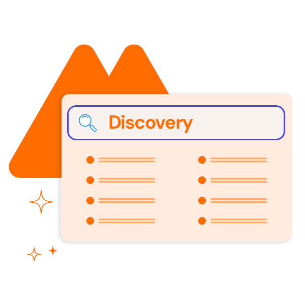 A stylized orange icon features a browser window titled Discovery with a search icon and list format, set against abstract mountain shapes—representing how customer service outsourcing companies help you rise above support challenges.