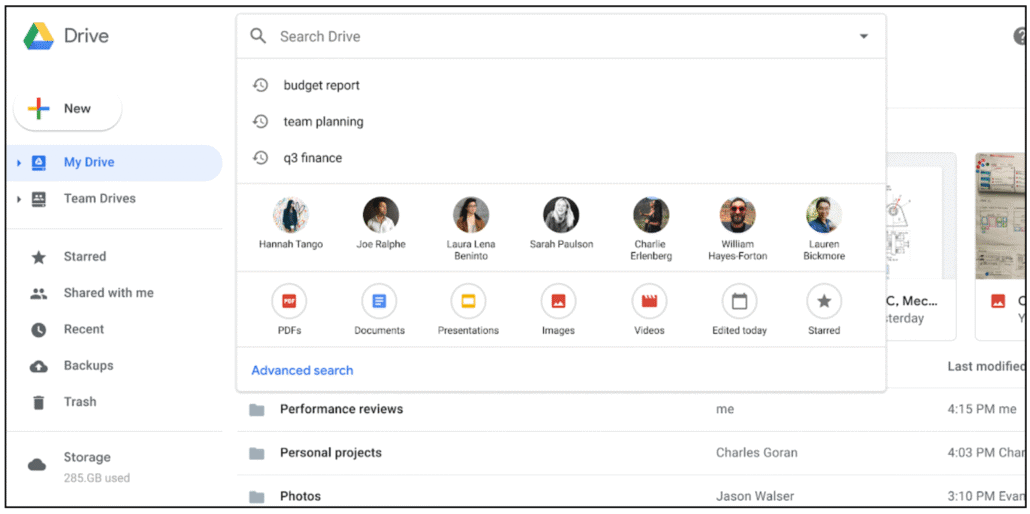 Screenshot of Google Drive, one of the best collaboration tools for remote teams, showing a search bar with file and team suggestions. The left sidebar lists My Drive, Computers, and Shared drives while the main area displays folders and recent files.