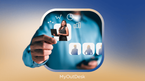 A person in a blue shirt holds a small photo of a smiling woman surrounded by business icons, illustrating managed virtual assistant services. In the background, silhouettes of other people are visible against a blue to tan gradient. The image is captioned MyOutDesk.