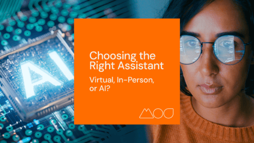 A split image shows a microchip labeled AI on the left and a woman wearing glasses reflecting data on the right. In the central orange box: Choosing the Right Assistant: Virtual, In-Person, or AI? Explore your options with an expert AI Assistant or a reliable Virtual Assistant.
