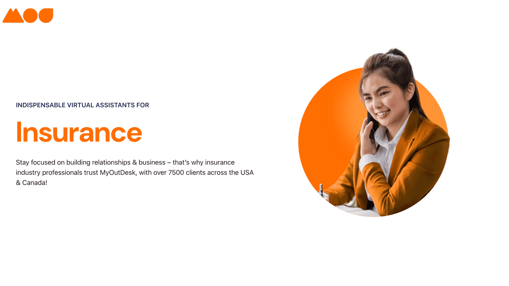 A woman with a headset smiles while holding a pen. The text reads, Indispensable Virtual Assistants for Insurance. Below, it mentions building relationships and business with over 7500 clients in the USA and Canada.