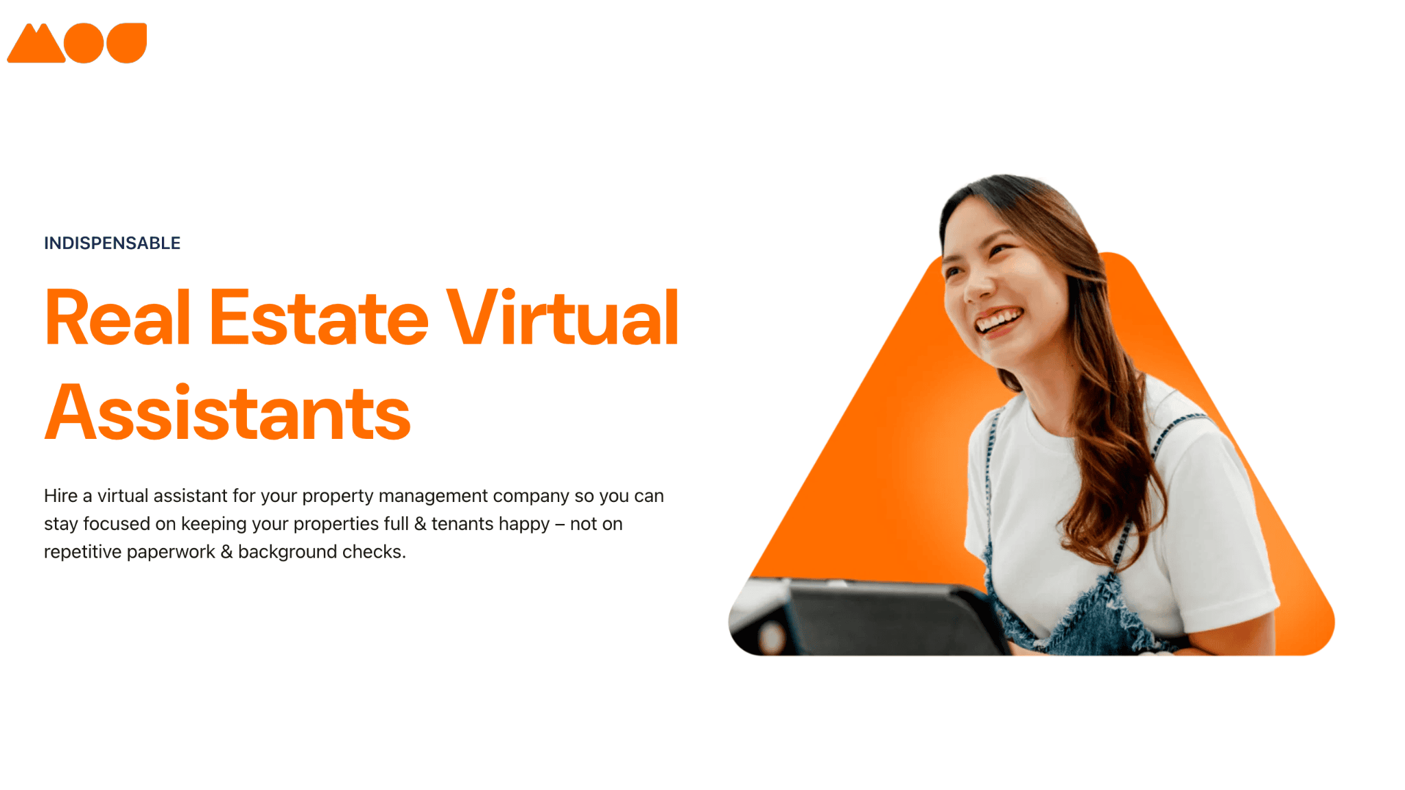A smiling person in an orange polygonal frame is holding a tablet. Bold orange text reads, Real Estate Virtual Assistants. Additional text promotes hiring virtual assistants for property management tasks.