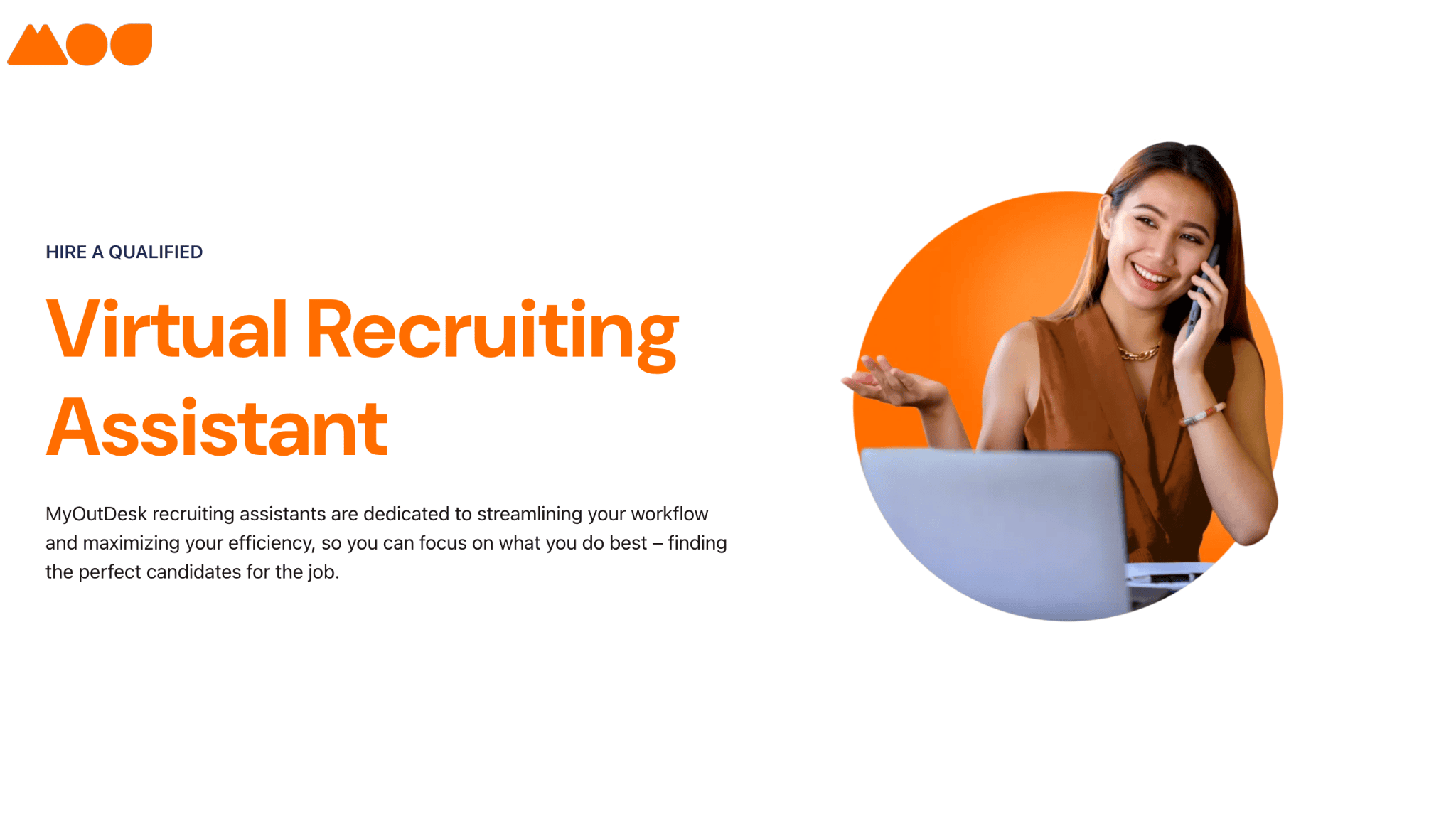 A woman smiles while talking on a phone, seated in front of a laptop. The text beside her reads, Virtual Recruiting Assistant. A brief description of recruitment services is below. Orange accents highlight the design.