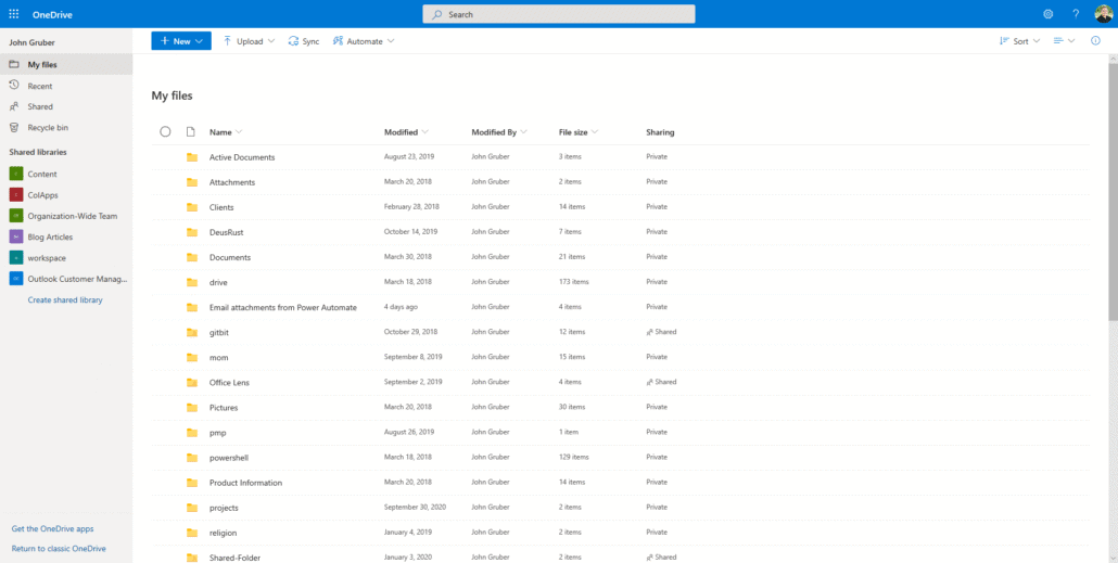 Screenshot of a users OneDrive My files page, a clean white interface highlighting folders, documents, and sharing status—showcasing why its among the best collaboration tools for remote teams.