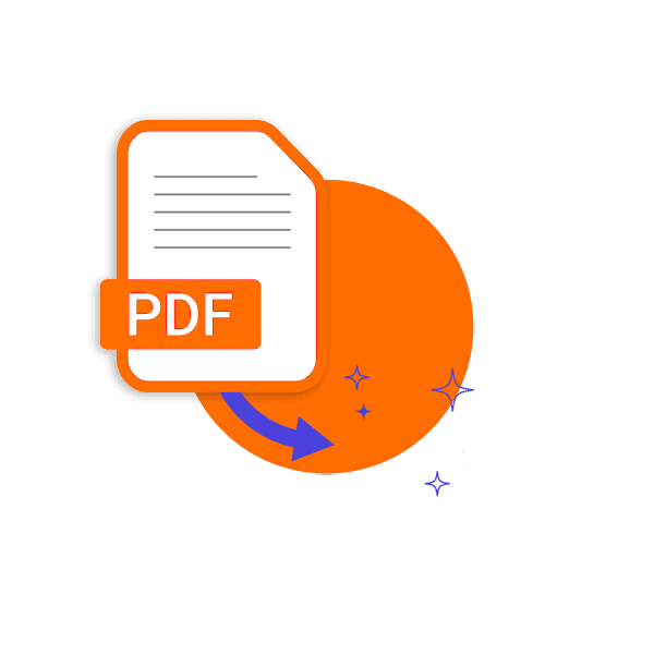 An illustrated PDF document icon with an orange label, blue and orange arrows, and sparkles, suggesting outsourced customer support services like file conversion or transformation.