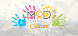 Colorful handprints (blue, pink, yellow, green) surround the words MOD Virtual Culture in a playful font on a light background, showcasing the vibrant culture that connects you to creative benefits.