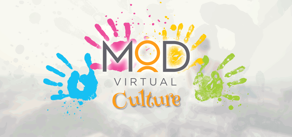 Colorful handprints (blue, pink, yellow, green) surround the words MOD Virtual Culture in a playful font on a light background, showcasing the vibrant culture that connects you to creative benefits.