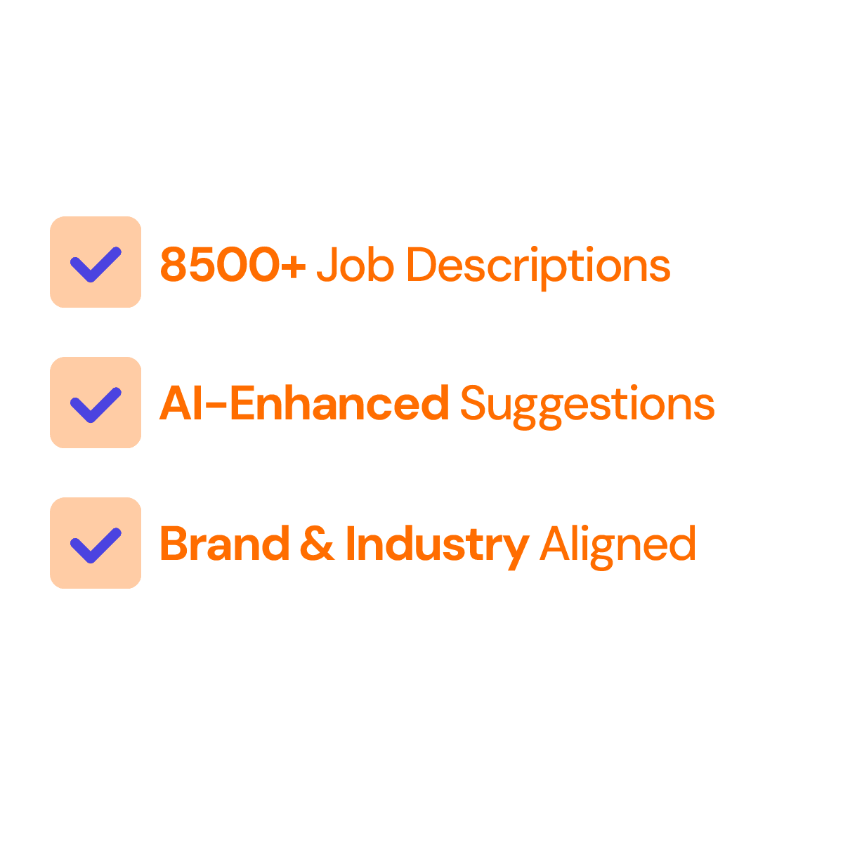Three orange checkboxes with blue checkmarks, each followed by bold text: 8500+ Job Descriptions, AI-Enhanced Suggestions, and Brand & Industry Aligned for customer service outsourcing companies.